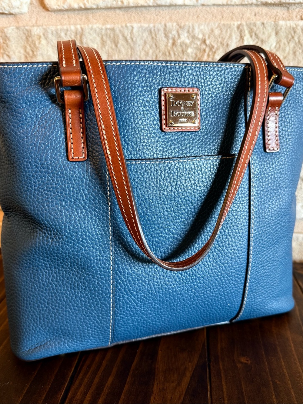 Dooney & Bourke Jeans blue Pebbled Leather Lexington Tote with Brown Trim